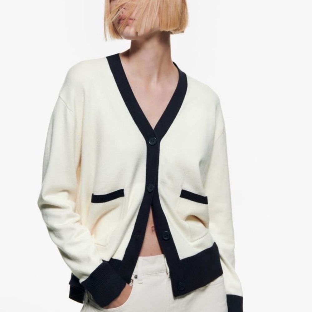 Zara Cream And Black Cardigan Sweater S
